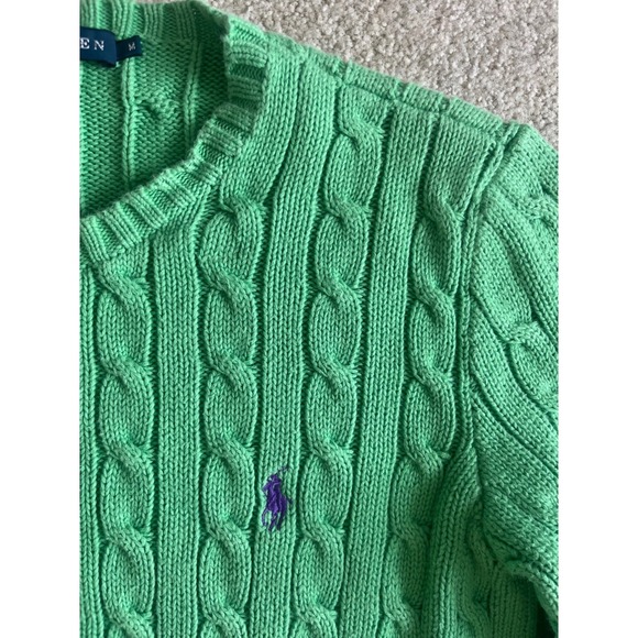 Vintage Ralph Lauren Y2K Women's Kelly Green Cable Knit Cotton Sweater Logo- S - Picture 5 of 6